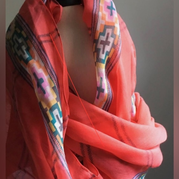 J. Crew red/coral and geometric border scarf - Picture 2 of 8